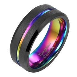 Men's 8mm Tungsten Brushed Black Rainbow Grooved Center Comfort-Fit Engagement Wedding Band 11