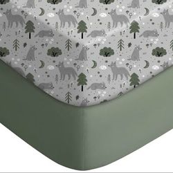 Pack And Play Sheets Fitted, Mini Crib Sheets 2-Pack, Gray-Green+Fox