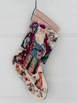 Vintage Christmas Stocking Santa Woodland Animals Wool Needlepoint Velvet  19”