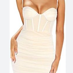 Linlan Mini Corset Dress Ruched Body con w/ Mesh White Dress Woman’s Medium