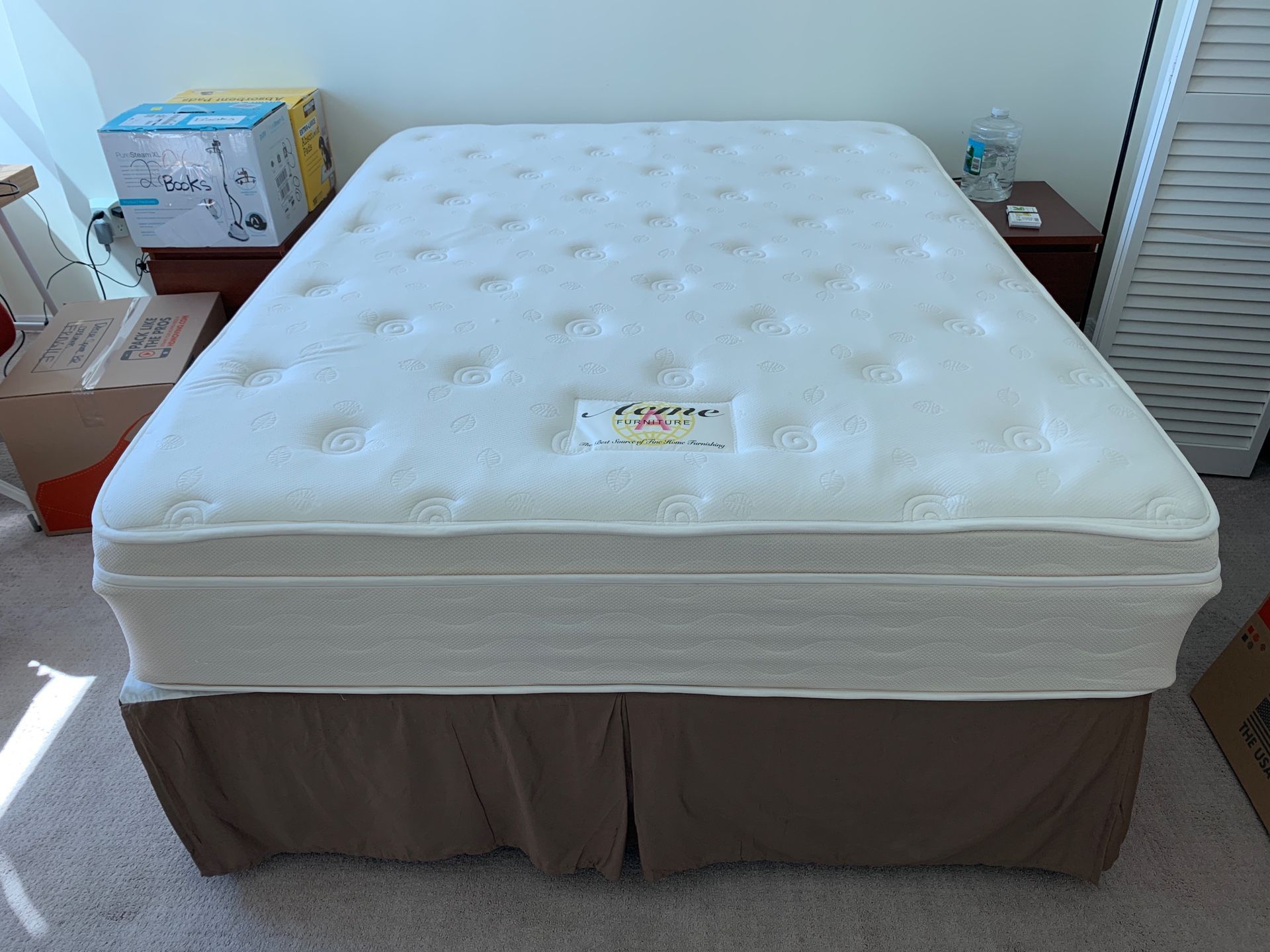 Queen mattress with box spring and frame