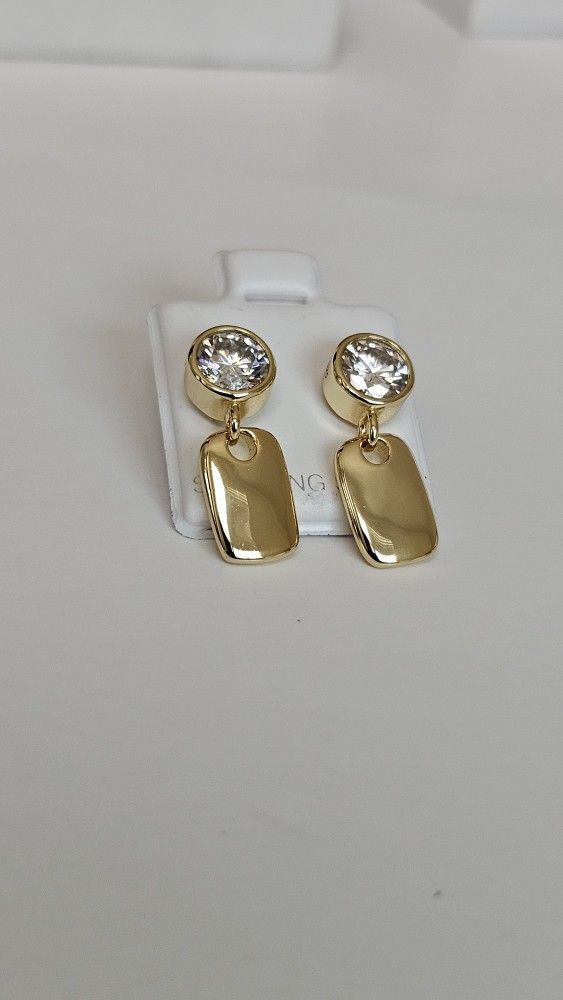 Moissanite Dangle Earrings on 925 Sterling Silver – Modern Gold Look-$55