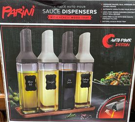 4pc Sauce Dispensers with Wooden Tray.