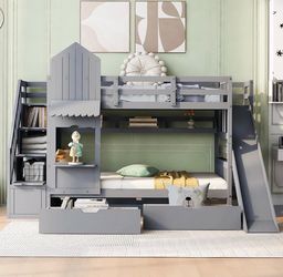 Gray Kids Bunk Bed with Slide and Storage
