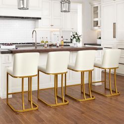 PHI VILLA White and Gold Bar Stools Set of 4, Faux Leather Counter Height Chairs, Kitchen Stools for Island, 24 Inch Barstools with Back