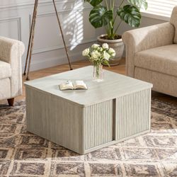 Modern Square Coffee Table, 31.5" Fluted Lift Top, Adjustable Shelves & Sliding Door-Light Grey Oak  
