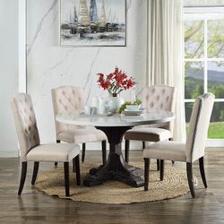 Brand New White Marble Top & Weathered Espresso Finish 5pc Dining Table Set
