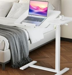 Adjustable Overbed Table with Wheels Rolling Laptop Desk White