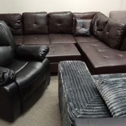 BRAND NEW DARK BROWN SECTIONAL COUCH WITH STORAGE OTTOMAN