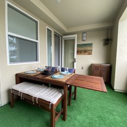 IKEA Extendable Table, 2 Chairs, Bench, rolling outdoor storage cabinet Inox, storage bench plus Tabletop Firepit