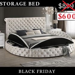 Round Bed - Storage Bench - Soft Luxurious Button Tufted Fabric