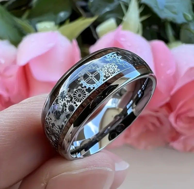 Men's Women's Tungsten Clockwork Design Wood Inlay Comfort-Fit Engagement Wedding Band 11