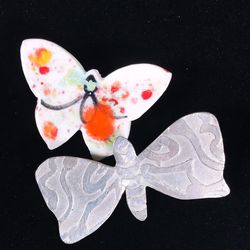 2 Pc Butterfly Pin Lot Brooch Set Glazed Ceramic Metal Art Artisan Handmade
