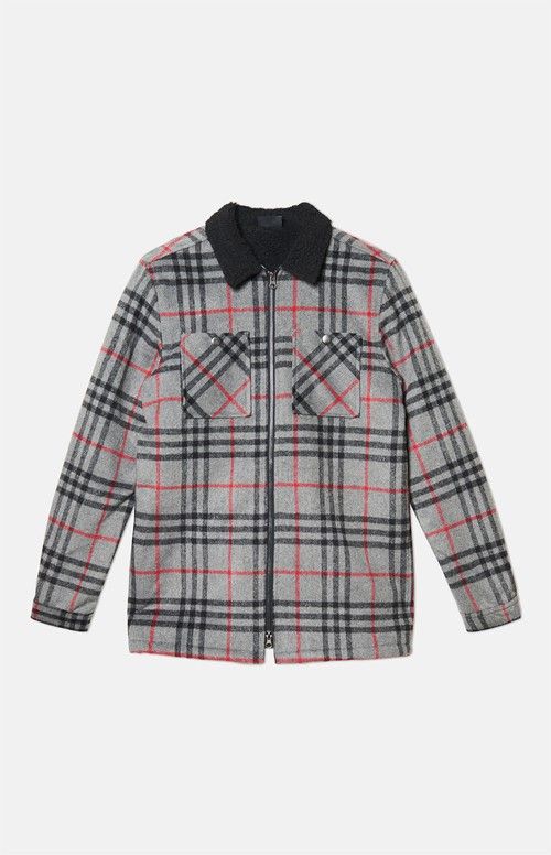 Wesc Liam Plaid Fleece-Lined Full-Zip Gray Shirt Jacket Large