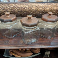 3 Glass Storage Jar Canisters Wood Lids Kitchen Storage