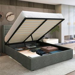 Full Size Lift Up Platform Bed Frame with Upholstered Wingback Channel Headboard & Storage