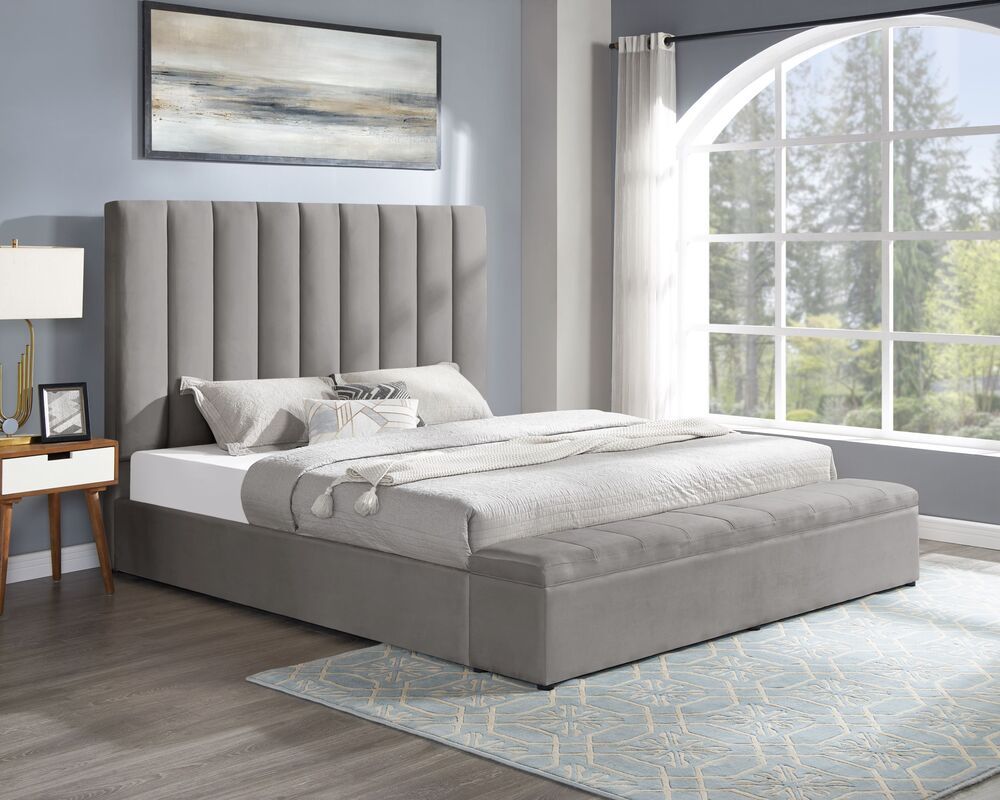 Queen velvet platform bed with storage footboard