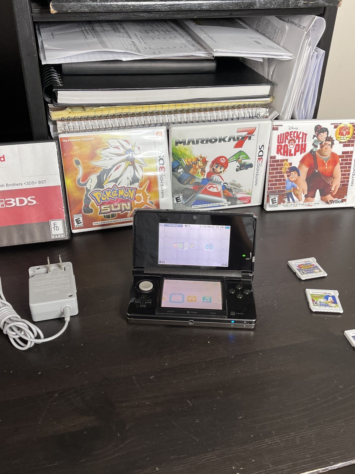 NINTENDO 3DS Cosmo Black W 7 Games & Charger Sonic Lost World Pokémon Sun Pokémon Y Wreck-It Ralph Super Smash Brothers Mario 7 Mario & Sonic at th