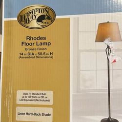 Hampton Bay Rhodes Floor Lamp — Bronze, 58.5" Tall, Linen Shade, New