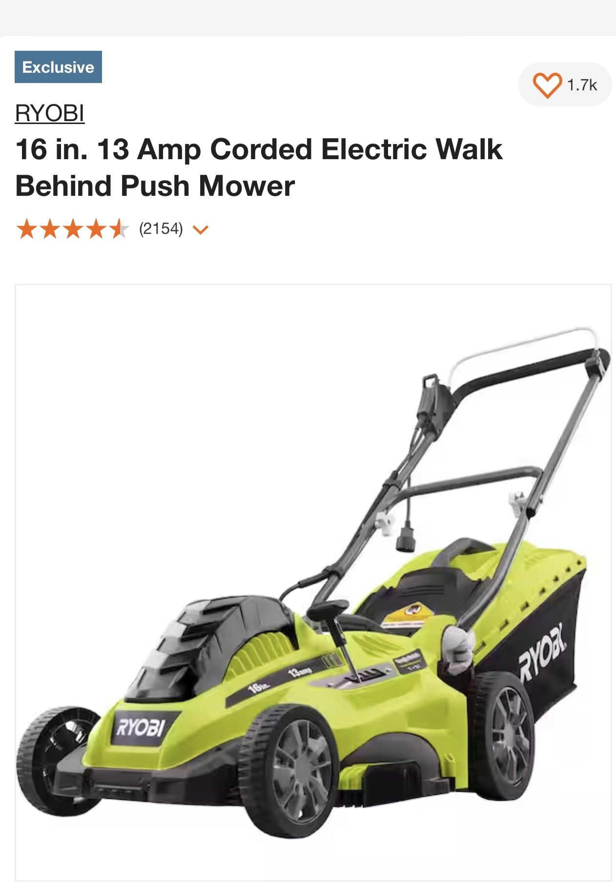 RYOBI 16 in. 13 Amp Corded Electric Walk Behind Push Mower (2154)