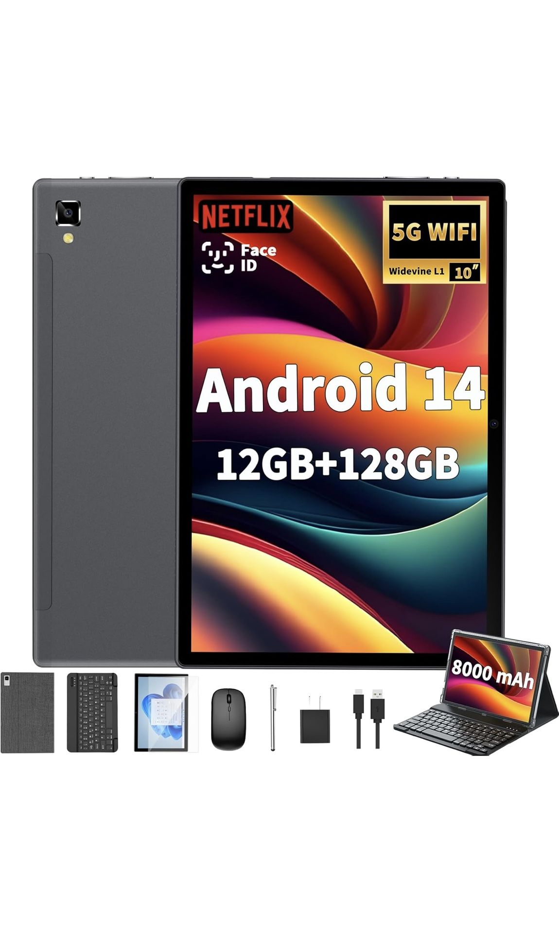 Android 14 Tablet with Keyboard, 12GB+128GB Storage, 1TB Expandable, 8000mAh Battery, 10 Inch 2-in-1 Tablets with 5G/2.4G WiFi, BT5.0, GMS Certified,