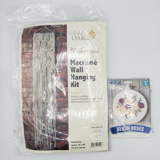 Macrame Wall Hanging Kit and Embroidery Kit Craft Set Bundle