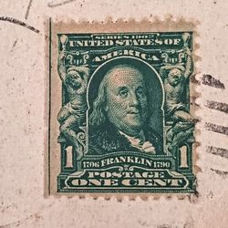 Antique Postcard With Antique One Cent Benjamin Franklin Stamp With Red Very Rare