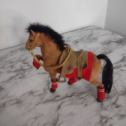 Vintage Toy Plastic Velvet Flocked Coated Felt 8" Collectible Horse With Saddle
