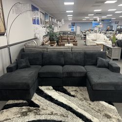 Black Corduroy Sofa Sectional w/ Double Chaise  