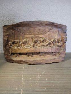 Vtg THE LAST SUPPER 3D Faux Wood Resin Wall Plaque 9" x 6" Detailed