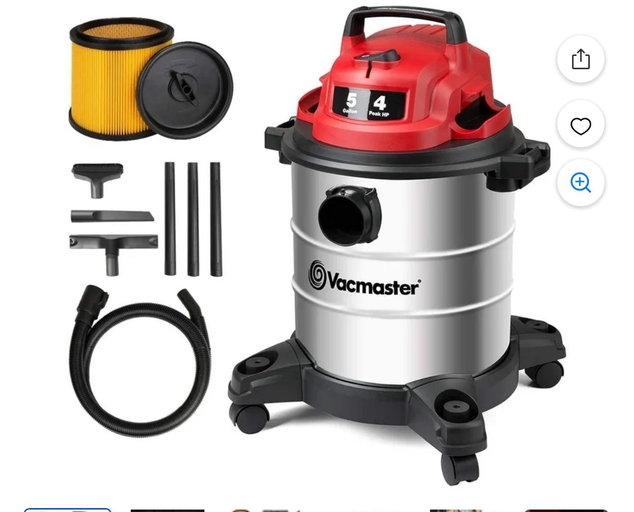 Vacmaster VOC508S 1101 5 Gallon, 4 PHP, Wet/Dry Vacuum Cleaner, 10ft Hose, Black and Red with Accessories Included