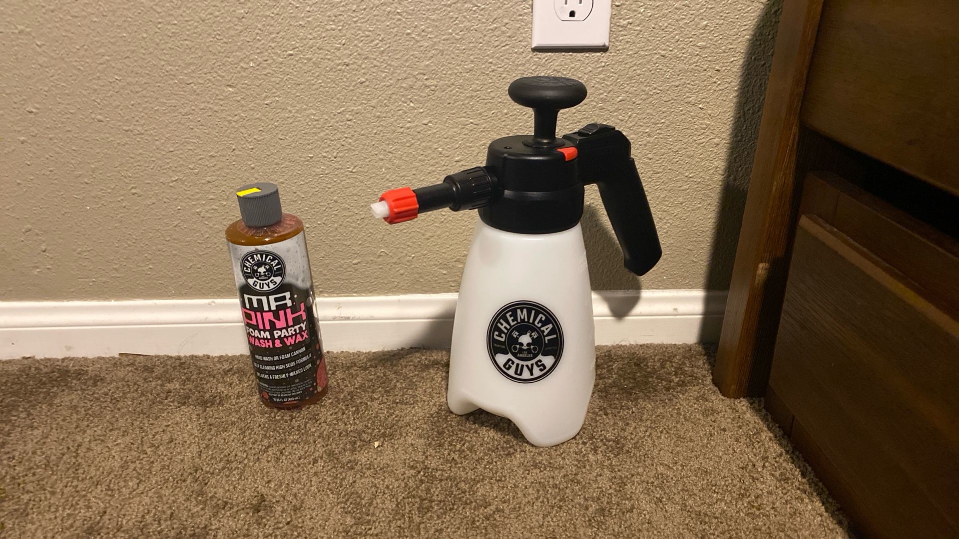 chemical guys foam cannon and a pink wax and foam