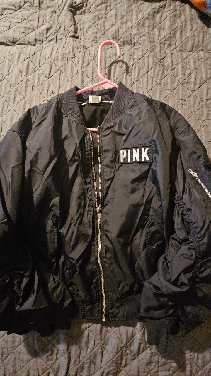 Victoria's Secret PINK Glitter Black Full Zip Bomber Flight Jacket Size Small