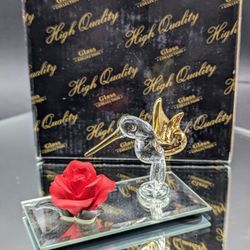 Glass Art Hummingbird with Red Rose Figurine On Glass Display Stand. Gorgeous!