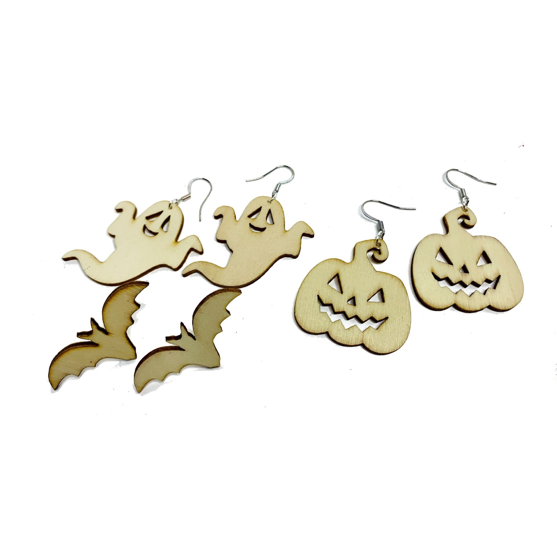 3 Sets of Burned Wood Happy Halloween Earrings