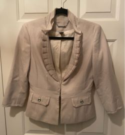 WHBM White House Black Market Beige Tan Ruffle Hook Front Belted Blazer Sz 2