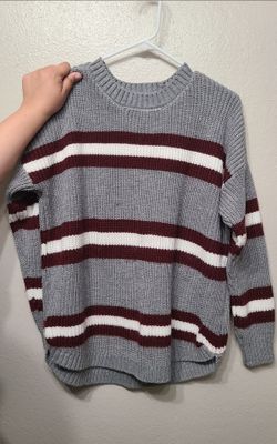 Gray Striped Knit Crewneck Sweater