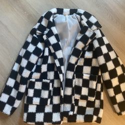 Checkered blazer style fuzzy coat