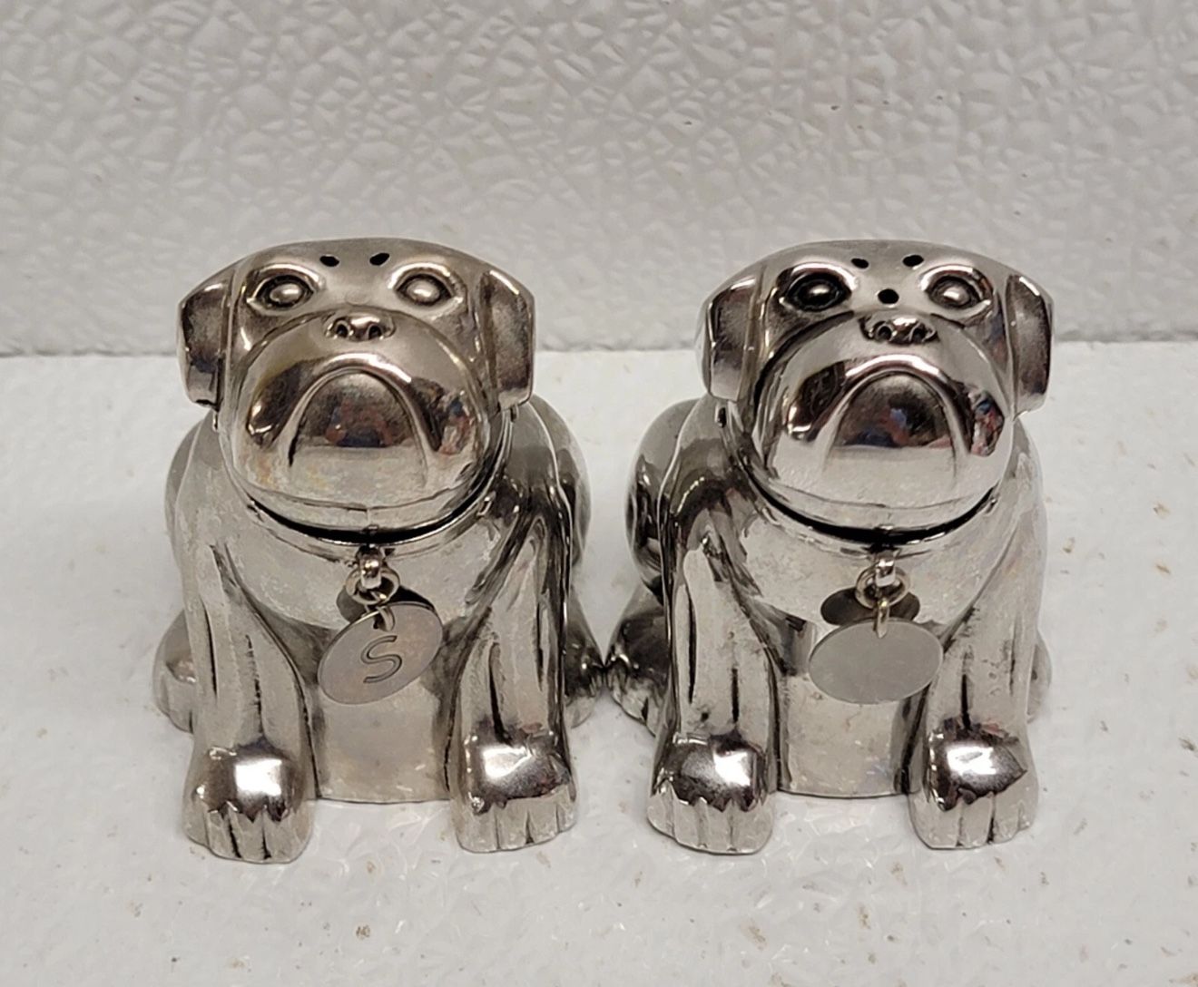 Pottery barn Bulldog Salt & Pepper Shakers Heavy Stainless Steel Dogs New