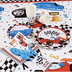 Racing Car Tableware Set - Race Car Party Supplies for Boys Disposable Dinner Dessert Plates Napkins Cups Tablecloth Cupcake Toppers Utensils Serves 1