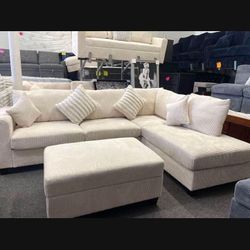 ✅ On Sale $469 3-pc Sectional Sofa With Storage Ottoman. Ivory Corduroy 