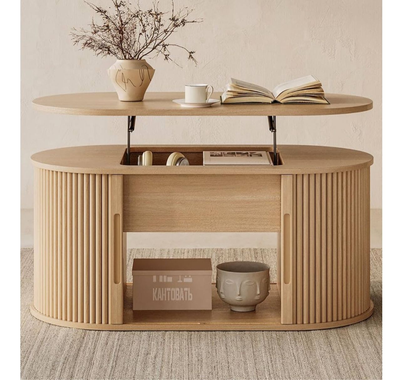 Brand New In The Box- LINSY Lift Top Coffee Table, Oval Fluted Coffee Table with Storage, Boho Wooden Coffee Tables with Sliding Tambour Door, 39" Cen