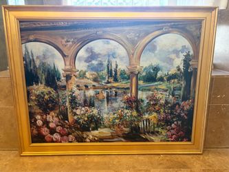 Large Framed Garden Landscape Oil Painting