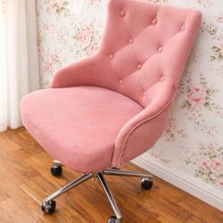 Pink Velvet Tufted Swivel Desk Chair – Adjustable Office / Vanity Chair