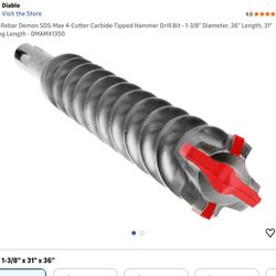 Diablo Rebar Demon SDS-Max 4-Cutter Carbide-Tipped Hammer Drill Bit - 1-3/8" Diameter, 36" Length, 31" Working Length - DMAMX1350