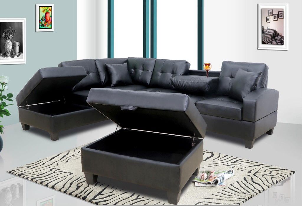 Black Leather Storage Sectional and Ottoman *BRAND NEW*