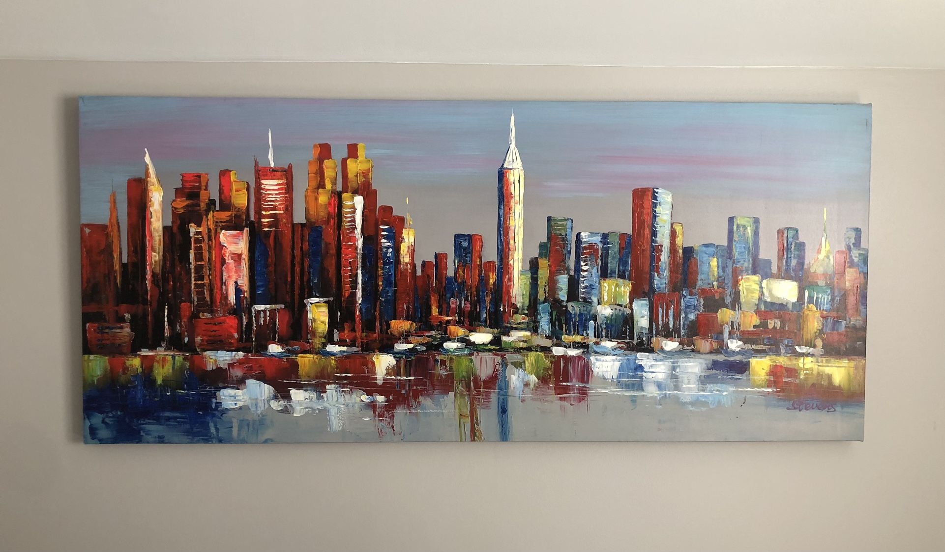 Large Colorful Cityscape Canvas Painting (63”x28”)