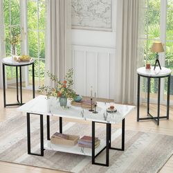 Coffee Table Set of 3, Faux Marble Coffee Table with 2 Round End Side Tables, Modern Living Room Table Set with Metal Frame for Apartment Home Office
