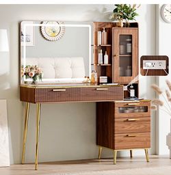 Arulvmrn Vanity Desk with 29.53" HD Lighted Mirror, 47.24" Big Modern Vanity Desk with Mirror and Lights, Makeup Vanity with 5 Drawers and Storage She