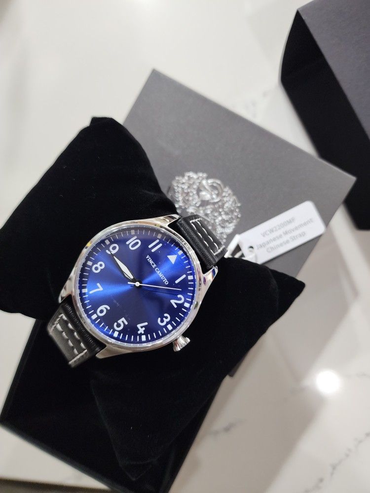 Vince Camuto Watch Men 42mm Blue Silver Tone Dial Day Date Black Leather Band